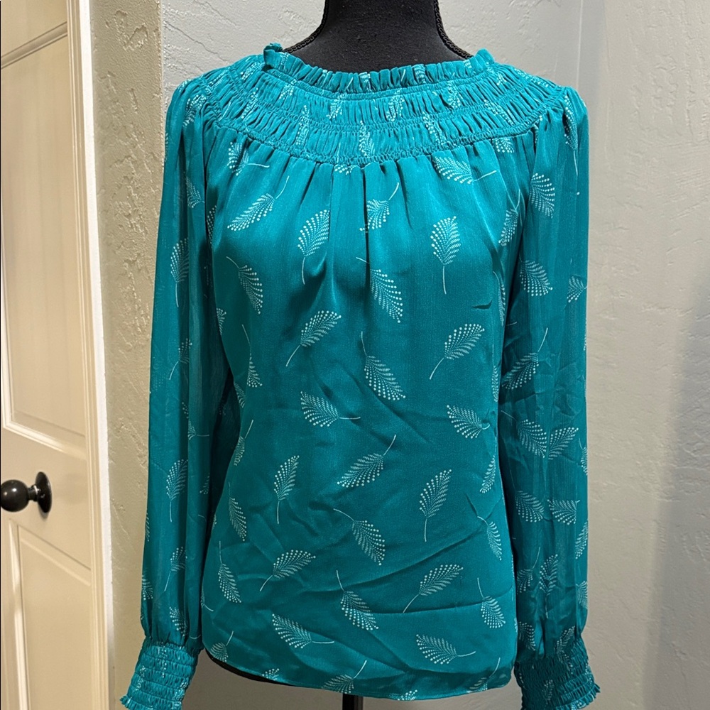 Ann Taylor Factory Teal Leaf Pattern Blouse